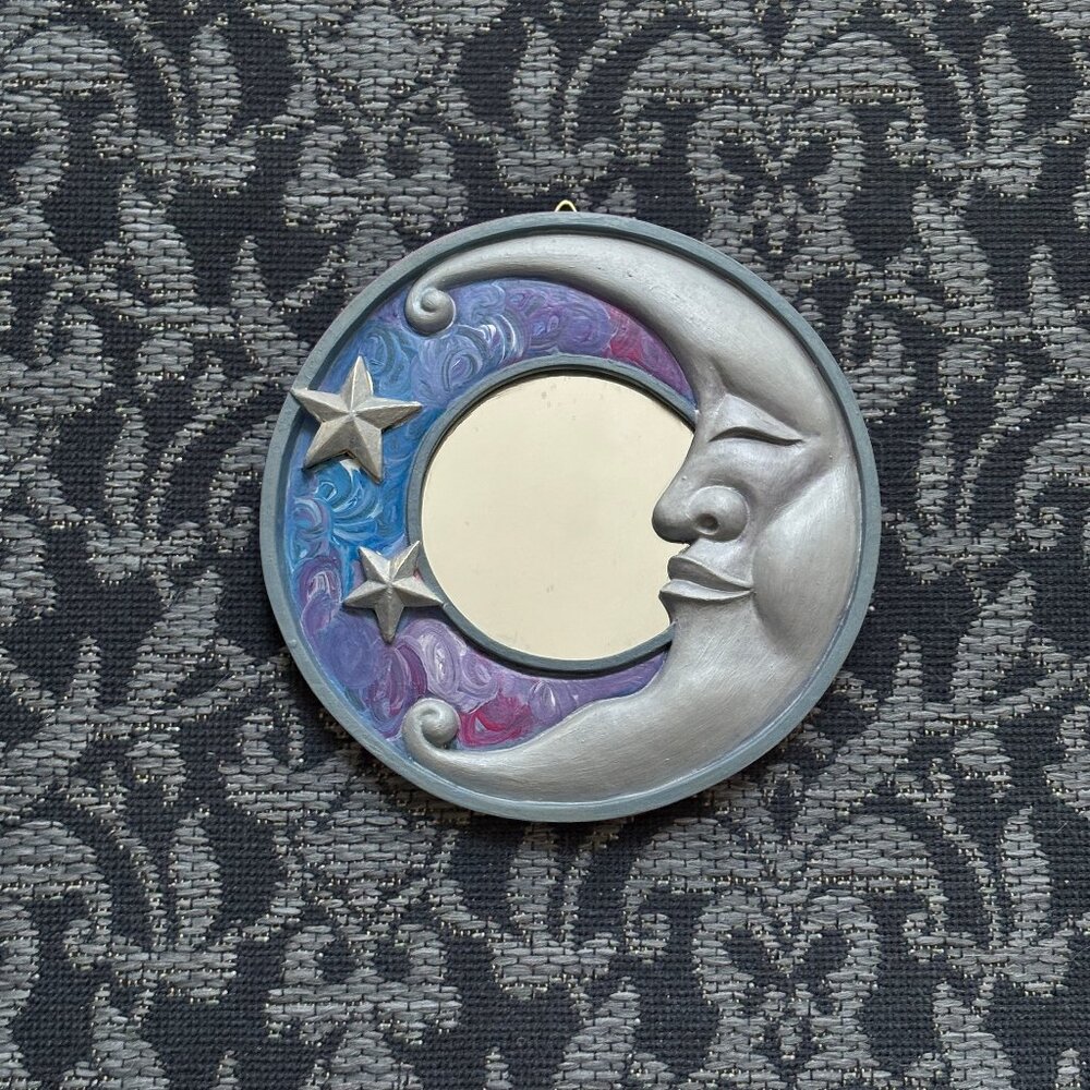 🌙 Hallowette - Handpainted Celestial Moon & Stars Mirror - Swirls - Whimsigoth